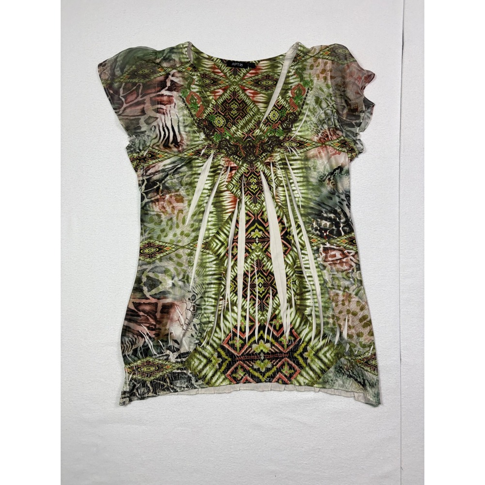 Apt 9 Womens Large Green Abstract Tribal Animal Print Embellished V-Neck Top